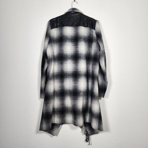 Tasha Polizzi Fringe Wrap Coat Western Ranch Plaid Wool Elbow Patches Size Small - Picture 11 of 11
